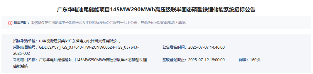 廣東華電汕尾儲能項目145MW290MWh高壓級聯半固態磷酸鐵鋰儲能系統