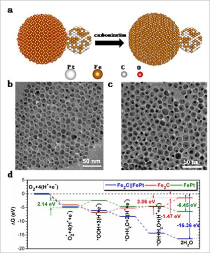 圖1. a）合成示意圖；b）PtFe-Fe3O4納米粒子；c）PtFe-Fe2C納米粒子；d）DFT計(jì)算
