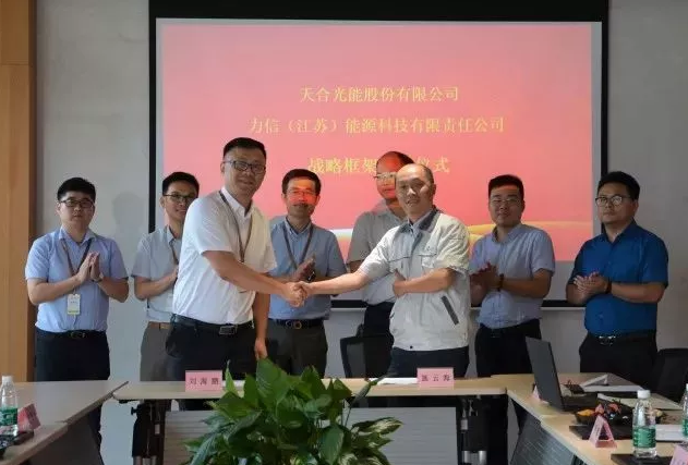 天合光能副總裁劉海鵬、力信能源副總裁施云海代表雙方簽約 天合光能副總裁劉海鵬、力信能源副總裁施云海代表雙方簽約
