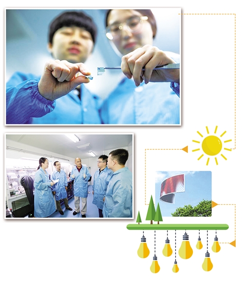 陳永勝教授團(tuán)隊(duì)人員展示制備的柔性有機(jī)太陽能電池器件