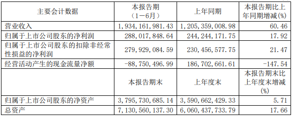   2022年上半年嘉元科技主要會計數(shù)據(jù) 單位：元
