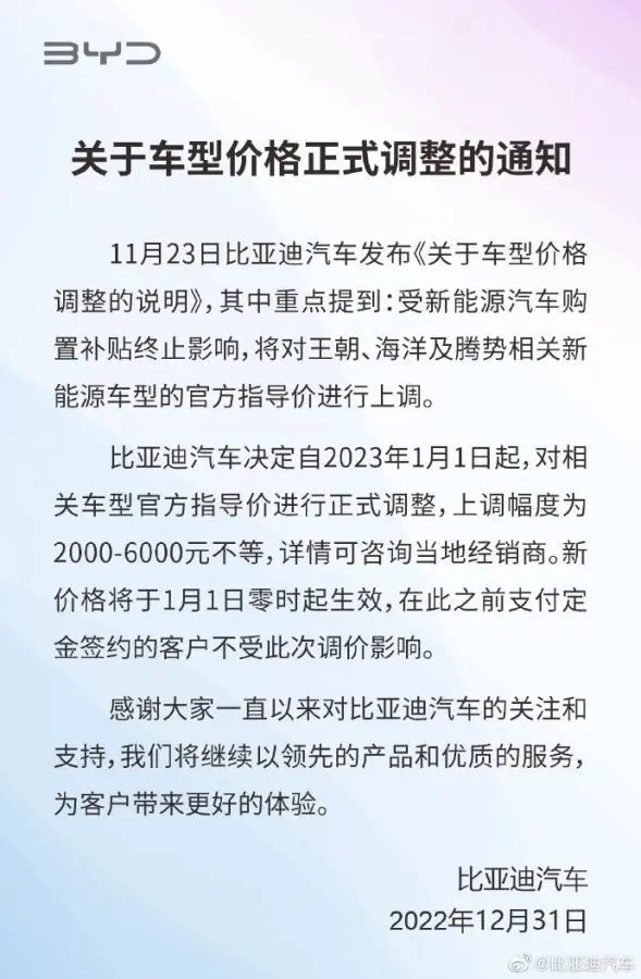 比亞迪上調(diào)相關(guān)新能源車型官方指導價 調(diào)幅為2000-6000元