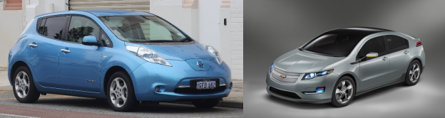 圖片：第一代純電汽車，如日產(chǎn)聆風(fēng)（左）和雪佛蘭volt（右）
