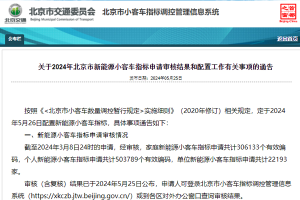 北京市定于2024年5月26日配置新能源小客車(chē)指標(biāo)