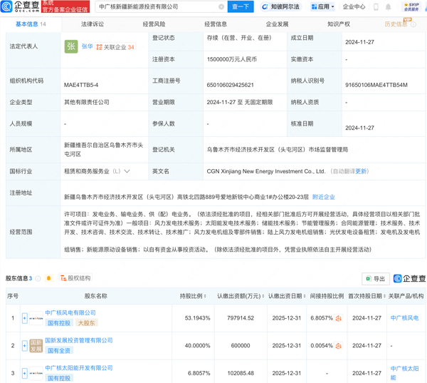 注冊(cè)資本150億！中廣核新疆新能源投資公司成立